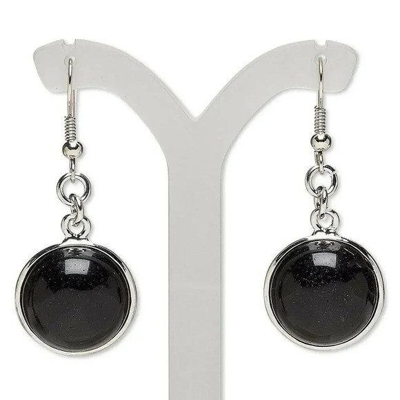 Handcrafted Natural Black Obsidian Gemstone Cabochon Silver Dangle Earrings - Picture 1 of 1